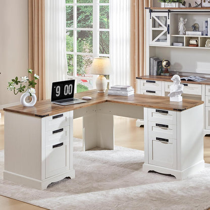 60" Farmhouse L Shaped Executive Desk, Antique White