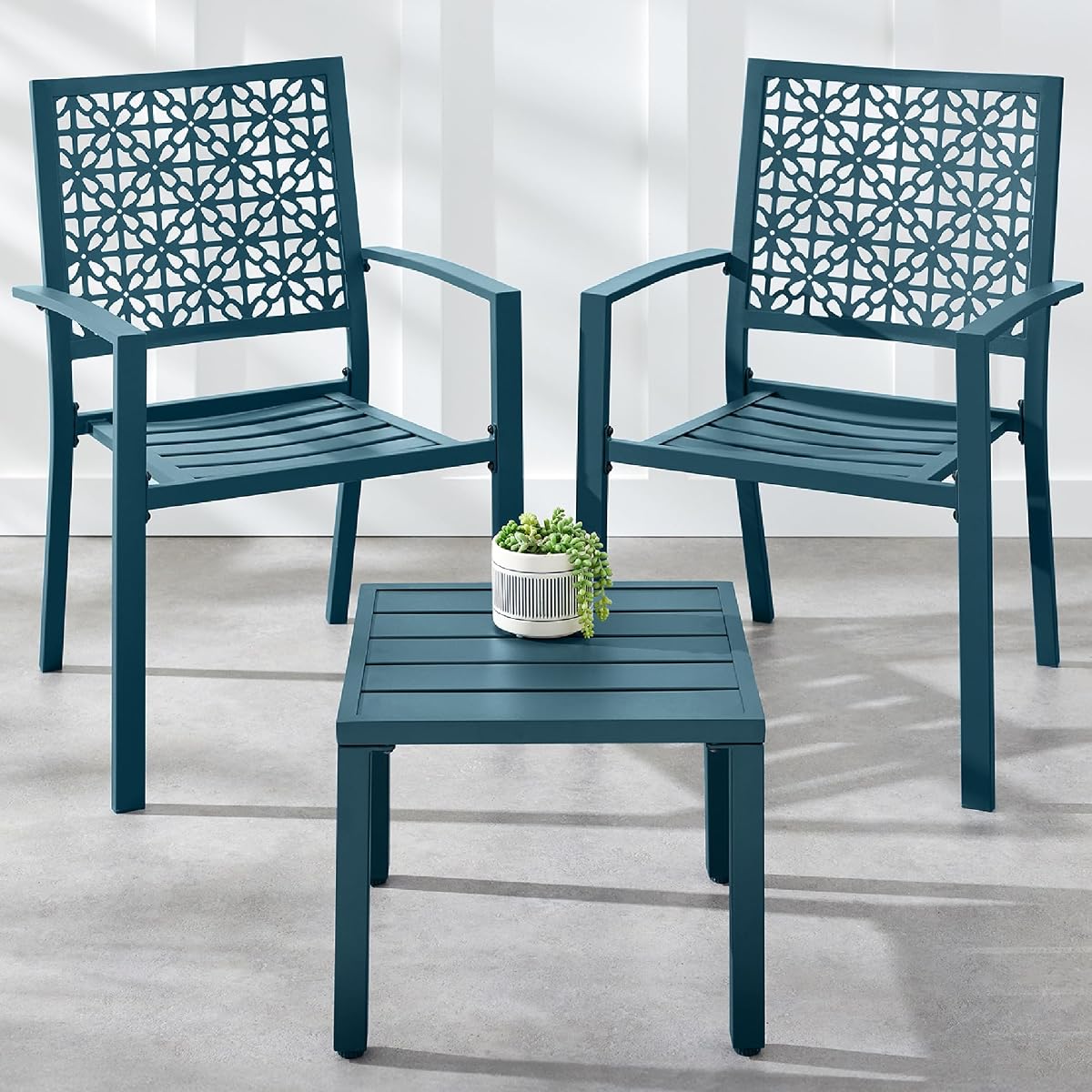 Best Choice Products 3-Piece Outdoor Bistro Set, Stackable Modern Steel Furniture for Porch, Garden w/ 2 Chairs, Table, Geometric Decor - Peacock Blue