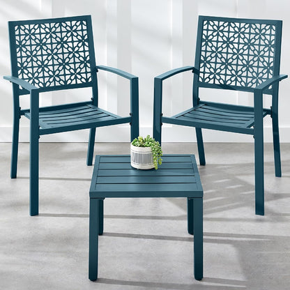 Best Choice Products 3-Piece Outdoor Bistro Set, Stackable Modern Steel Furniture for Porch, Garden w/ 2 Chairs, Table, Geometric Decor - Peacock Blue