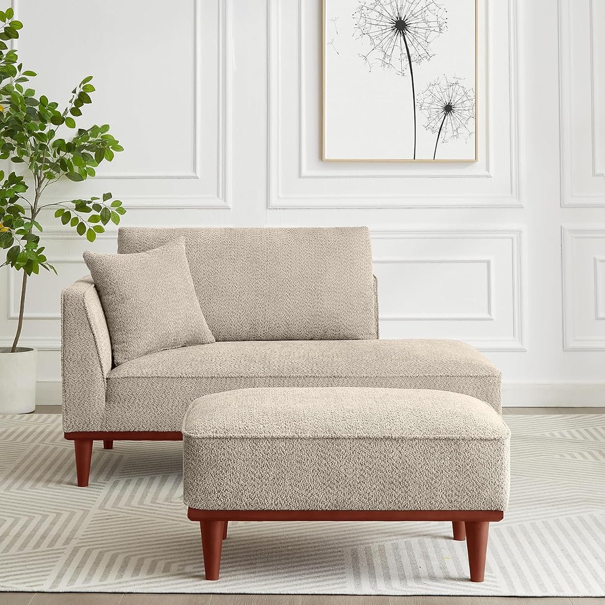 Green Upholstered Chaise Lounge Chair for Bedroom with Ottoman & Left Armrest