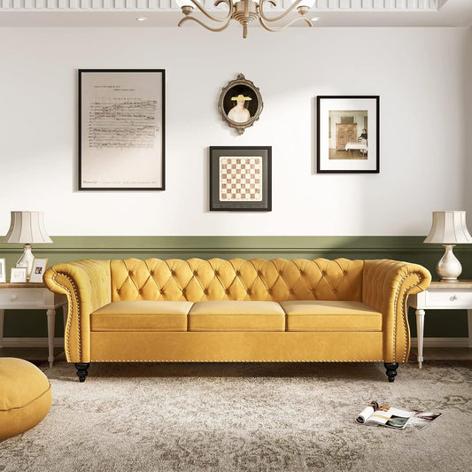 Chesterfield Sofa Velvet, Modern Tufted Couch 3 Seater with Rolled Arms and Nailhead for Living Room, Bedroom, Office, Apartment (Mango)