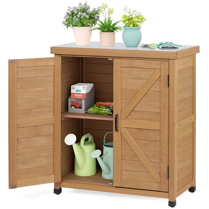 Outdoor Storage Cabinet & Potting Bench Table with Metal Top, Wooden Patio Furniture, Garden Workstation (Light Brwon, 36x31x17in)