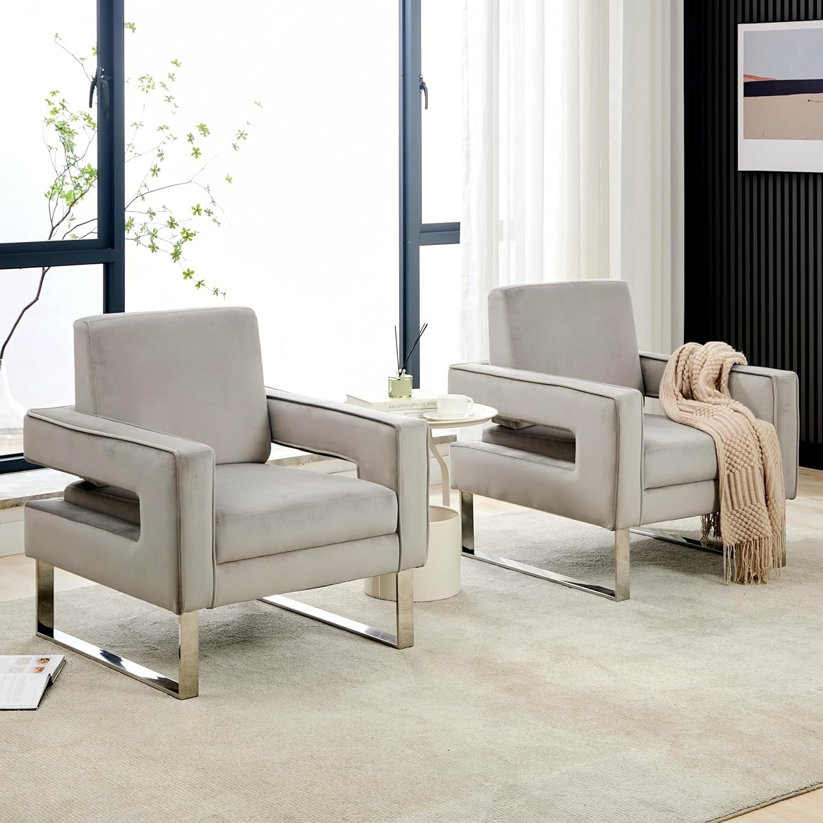 Velvet Accent Chair Set of 2, Modern Grey Accent Chair for Living Room, Upholstered Living Room Chair for Home Office, Stainless Steel Sliver Base