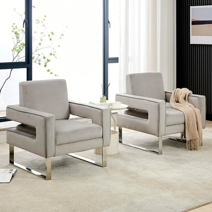 Velvet Accent Chair Set of 2, Modern Grey Accent Chair for Living Room, Upholstered Living Room Chair for Home Office, Stainless Steel Sliver Base