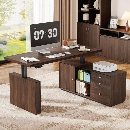 63" L Shaped Standing Desk w/File Cabinet, Sit Up Desk, Walnut