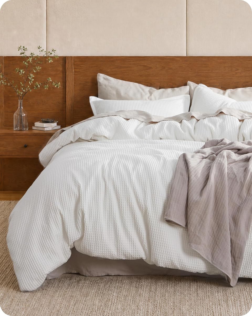 Bedsure PureWoven 3 Pieces 100% Cotton Waffle Duvet Cover Set, King, White