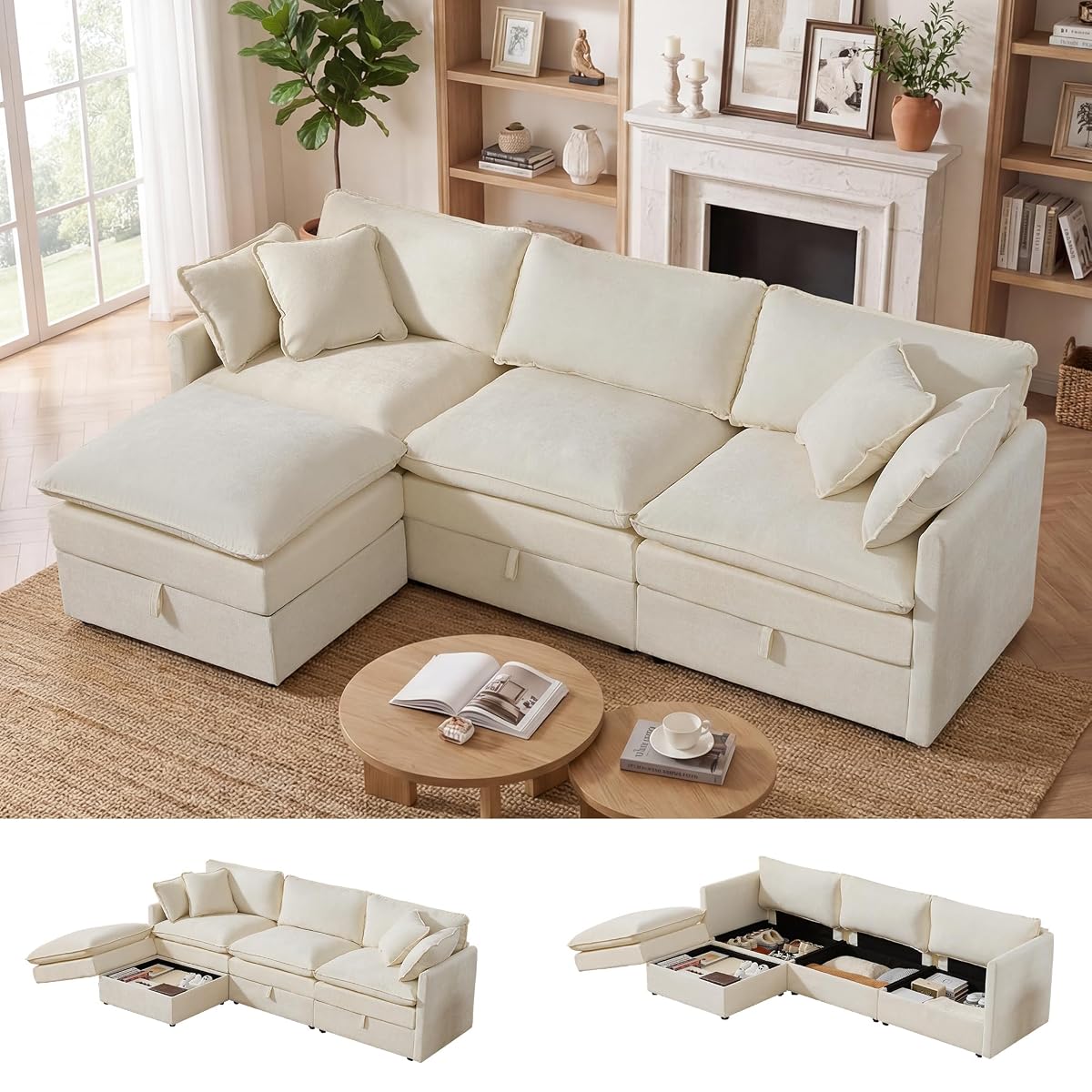 Modular Sectional Sofa with Storage Ottomans,102" L-Shaped Cloud Couch,Comfy Modern Couches with Pillows & Upholstered Deep Seat Cushion for Apartment Living Room Bedroom（Beige）