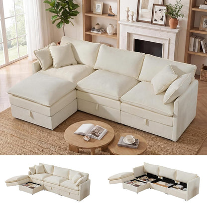 Modular Sectional Sofa with Storage Ottomans,102" L-Shaped Cloud Couch,Comfy Modern Couches with Pillows & Upholstered Deep Seat Cushion for Apartment Living Room Bedroom（Beige）