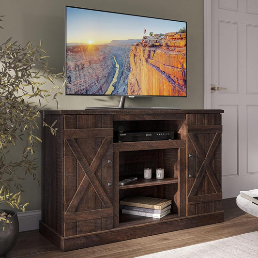 Industrial 47 Inch Rustic Wood TV Stand & Media Entertainment Center Console Table for TVs up to 50 Inch with Open Storage Shelves & Cabinets - Veropeso (Espresso)