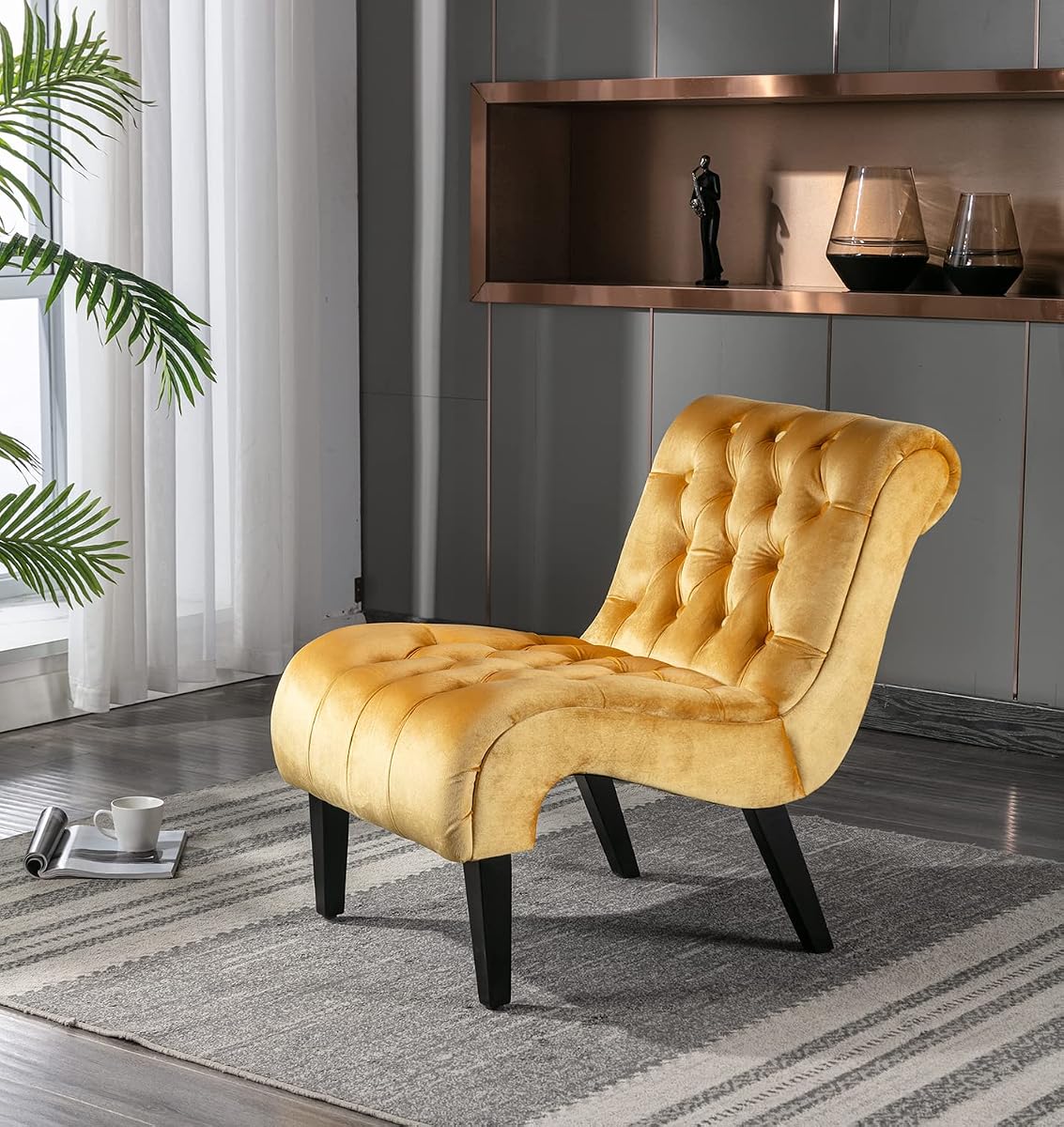 Comfy Velvet Accent Chair, Upholstered Armless Side Chair for Living Room, Modern Small Lounger with Tufted Back and Rolled Edge Design, Comfy Reading Chaise Lounge with Solid Rubber Wood Legs, Yellow