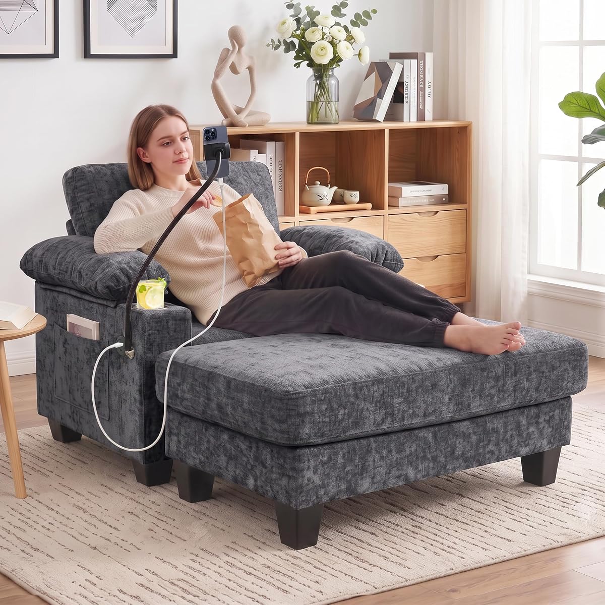 Chaise Lounge Chair with Phone Holder & Adjustable Backrest