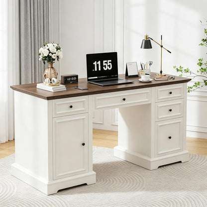 60" Farmhouse Executive Desk with Drawers and Cabinet