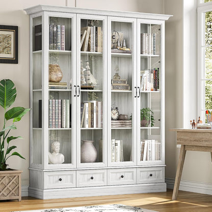 78" Tall Large Storage Cabinet with Glass Door, Grey Kitchen Pantry