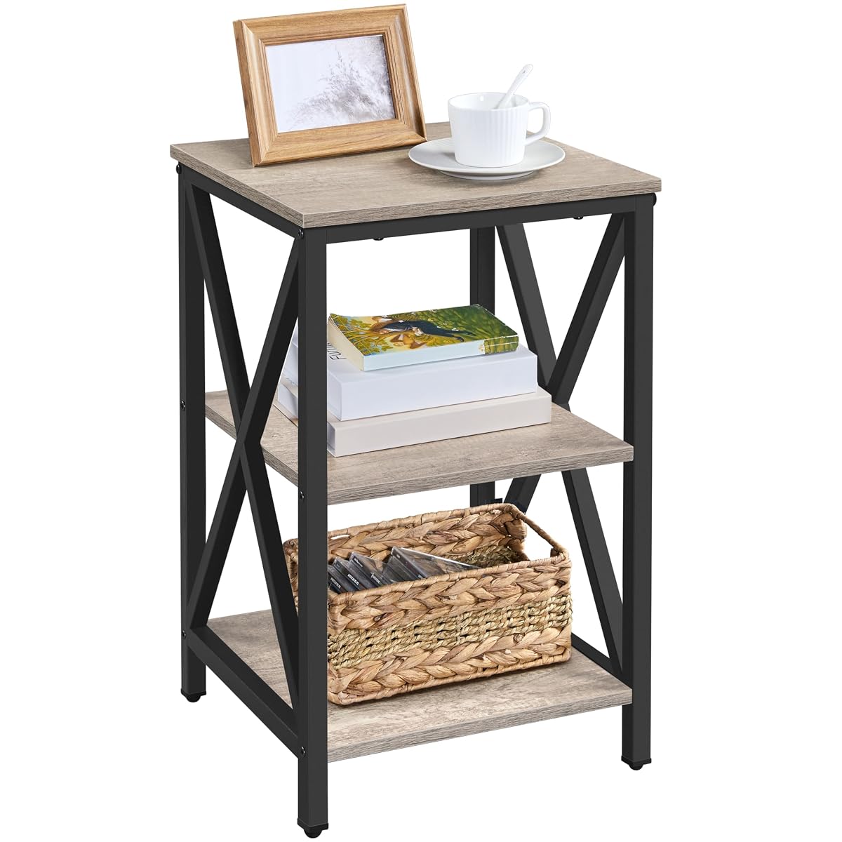 Yaheetech End Table Living Room, 3-Tier Side Table with Storage Shelves for Home Office, Industrial X Design Sofa Tables with Strong Metal Frame, Easy Assembly, Gray