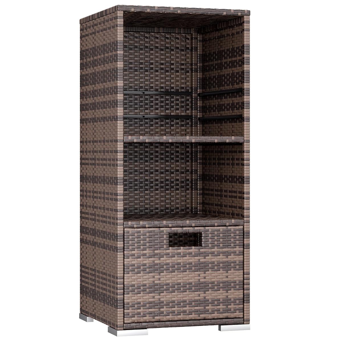 Outdoor Pool Towel Rack Patio Waterproof Rattan Wicker Storage Cabinet Shed with Shelves & Drawer (Brown)