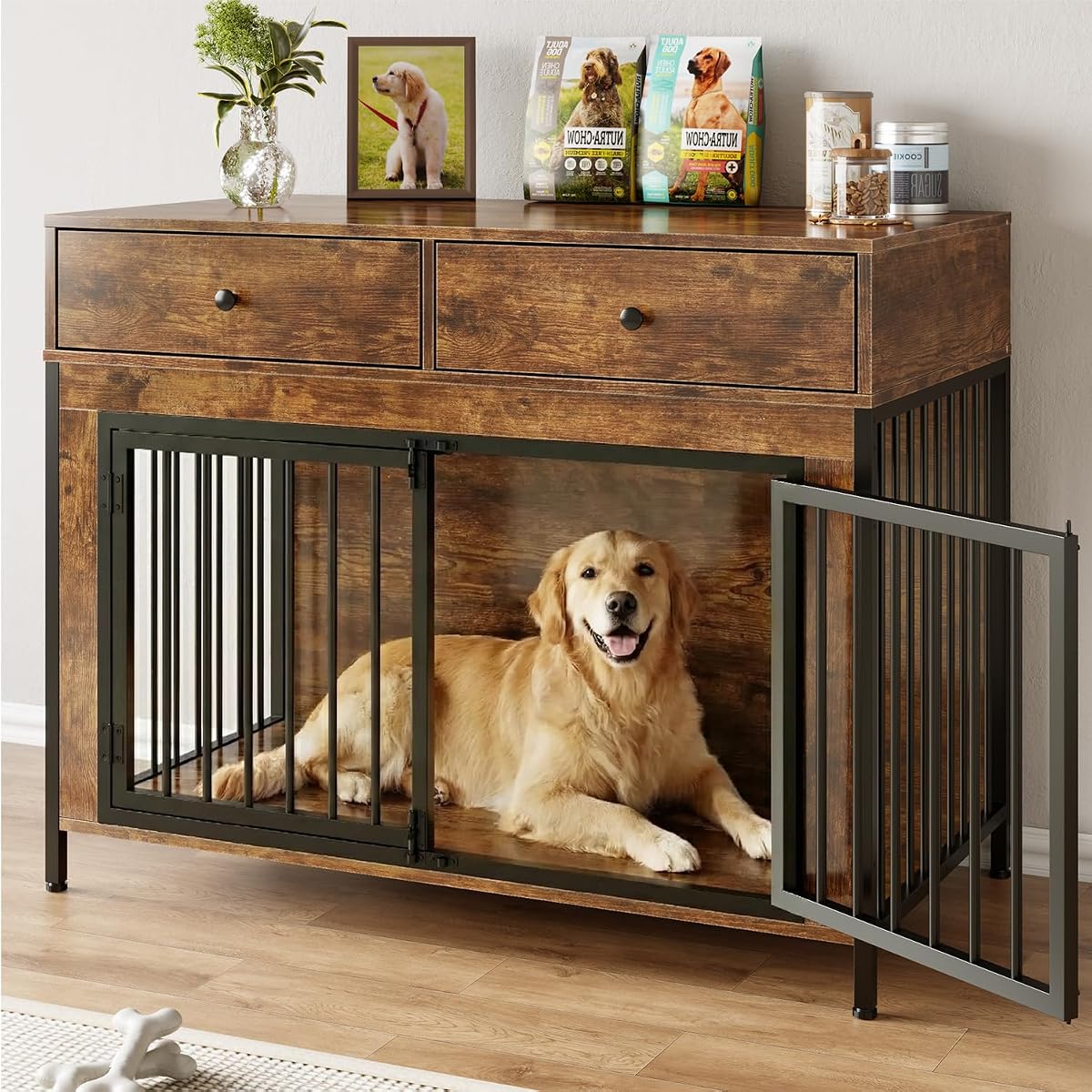 Large Dog Crate Furniture with 2 Drawers, 44 Inch Wooden Dog Kennel Indoor