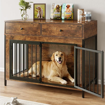 Large Dog Crate Furniture with 2 Drawers, 44 Inch Wooden Dog Kennel Indoor