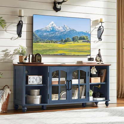 Farmhouse TV Stand for 60 Inch TV, Wood Entertainment Center with Adjustable Shelves & Glass Door Storage Cabinet,Television Stands for 65" TVS,TV Console Table for Living Room,Bedroom,Navy Blue