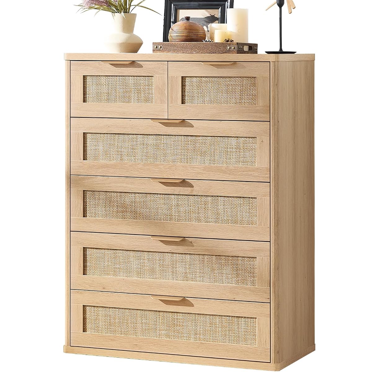 Rattan Dresser for Bedroom, 41" Tall Chest of Drawers, Modern 6 Drawers Boho Dressers with Storage, Light Oak Dresser Wooden Closet Organizer for Living Room, Hallway, Natural Wood