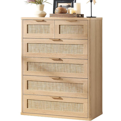 Rattan Dresser for Bedroom, 41" Tall Chest of Drawers, Modern 6 Drawers Boho Dressers with Storage, Light Oak Dresser Wooden Closet Organizer for Living Room, Hallway, Natural Wood