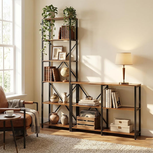 Tribesigns Modern 9 Shelves Bookshelves, Industrial Stepped Ladder Corner Etagere Bookcase, Rustic 6-Tier Display Open Shelf Storage Organizer for Living Room