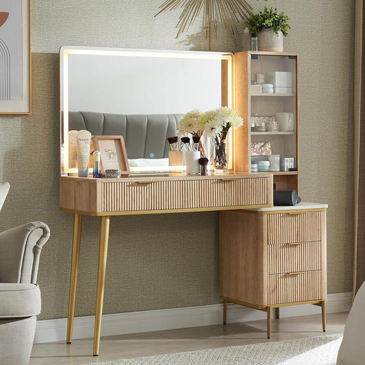 Fluted Makeup Vanity Desk with 36" HD Lighted Mirror