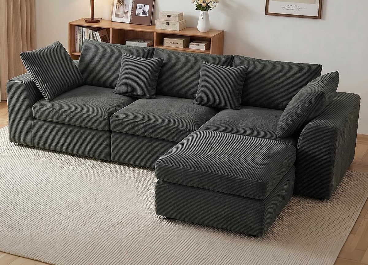 110" Cloud Sectional Couches for Living Room, L-Shaped Convertible Sofa, 3-Seat Modular Boneless Couch with Movable Ottoman, Dark Grey