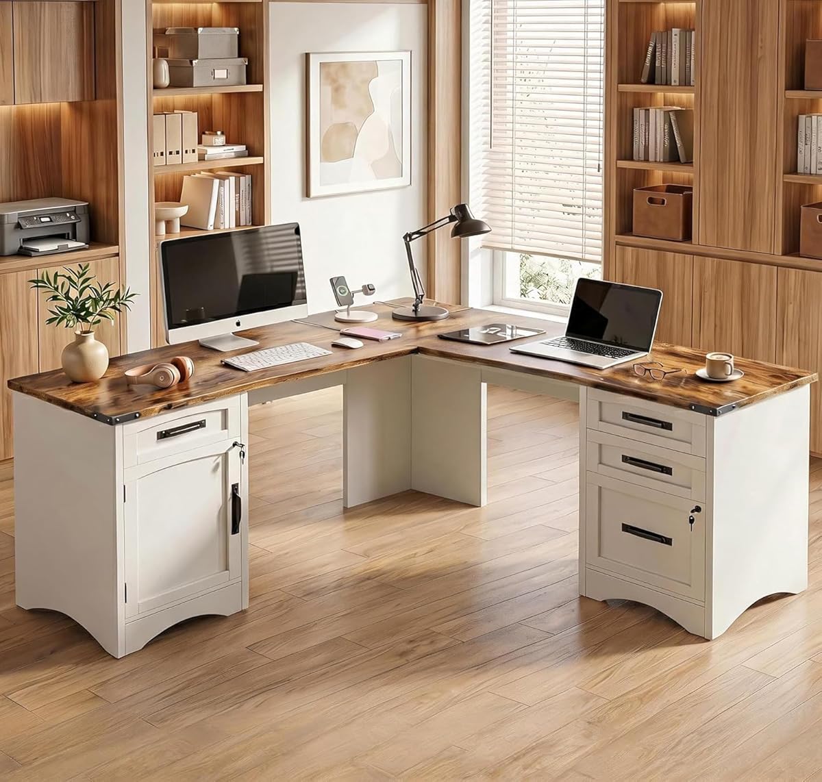 67" Farmhouse L Shaped Standing Desk with Drawers Home Office Executive Desks with Fast Charging Station, Lockable File Cabinet, Wood Writing Computer Desk for Work, Study, White
