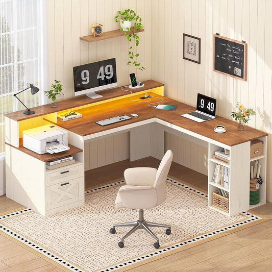 63" Farmhouse L Shaped Desk with Drawers & Storage Shelves for Home Office