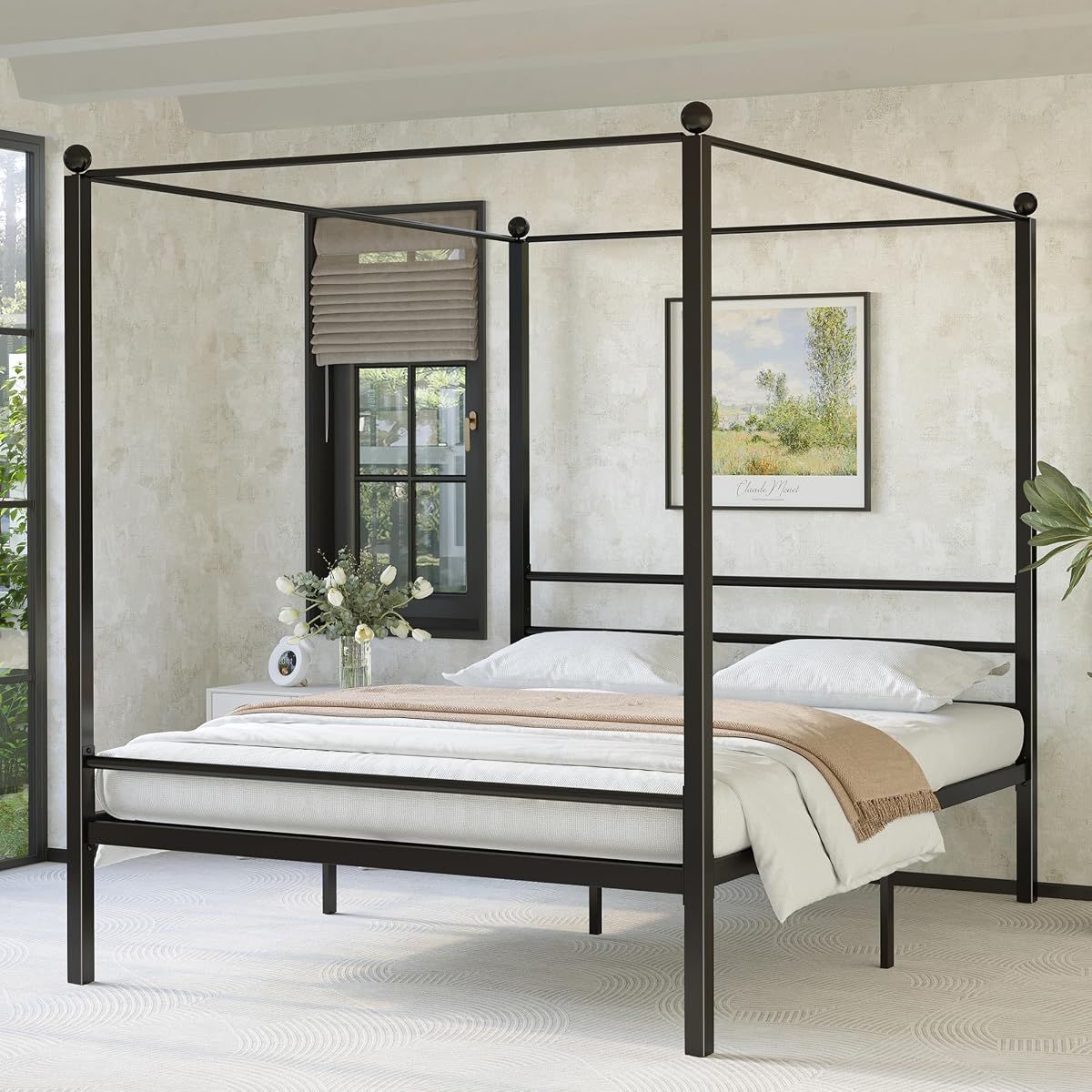 King Size Canopy Bed Frame, Four Poster Metal Frame, Black