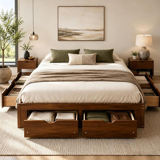 King Size Platform Bed with 6 Storage Drawers, Solid Pine Wood Storage Bed Frame
