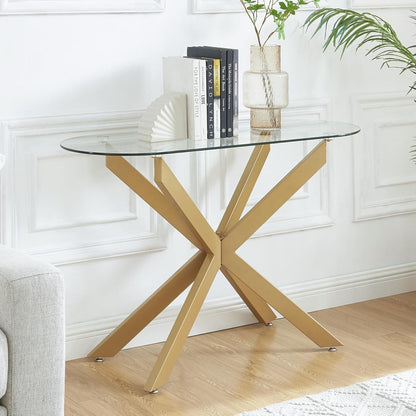 Gold Glass Oval Console Table, Modern Style Entryway Hallway Narrow Sofa Table, Entrance for Entryway, Living Room, Foyer, Hallway, Office， 45" Lx18 Wx30 H Gold