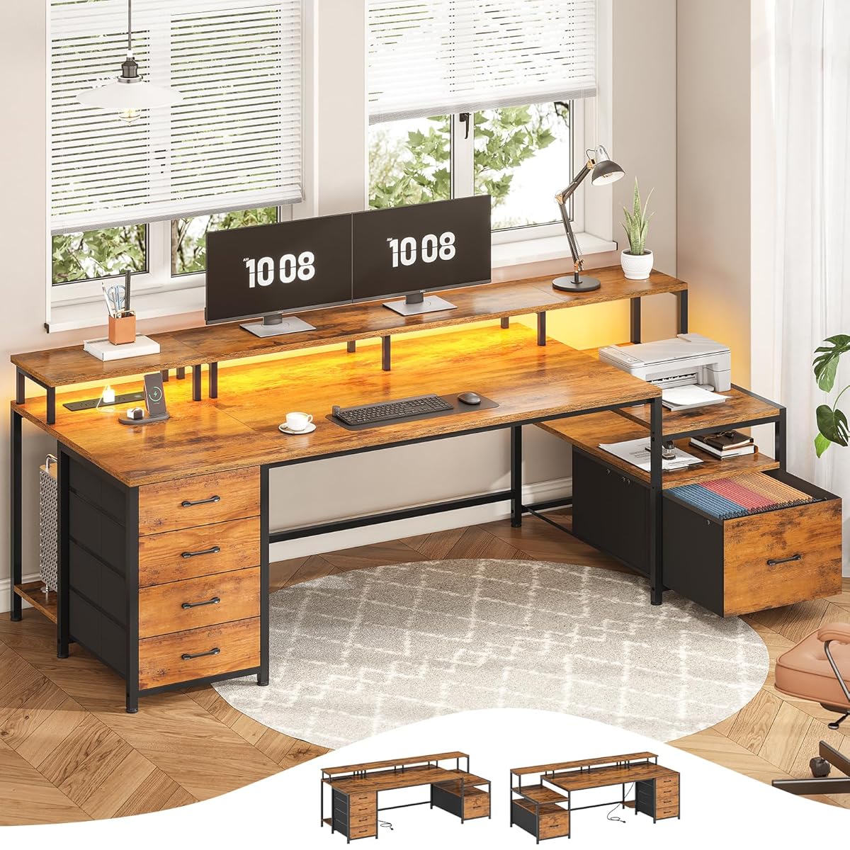 Home Office Desk with File Drawer & Power Outlet, 75'' Large Computer Desk with 5 Drawer, Storage Shelves, Monitor Shelf and Led Lights, 23.6" W Desktop Gaming Desk, Rustic Brown