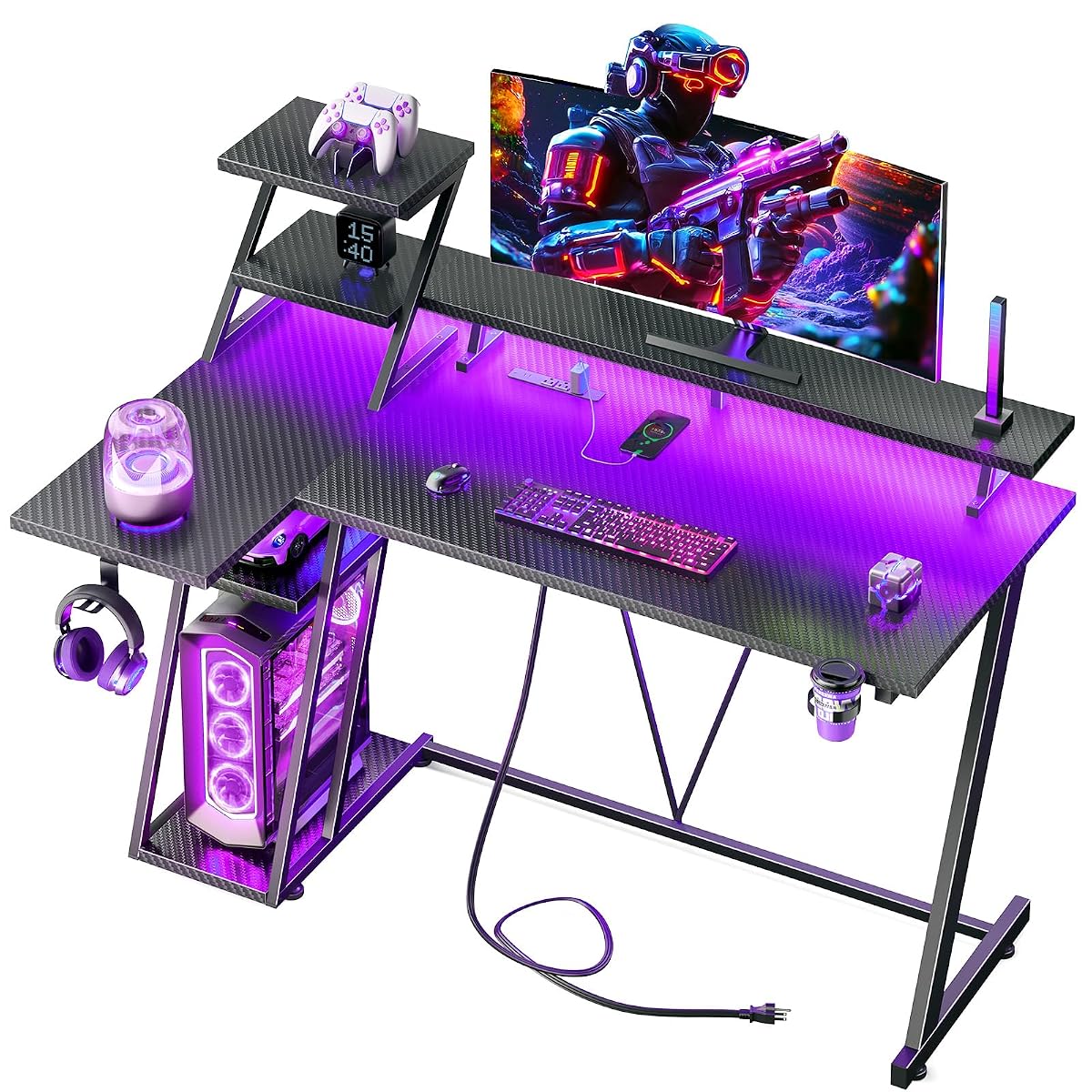 40 Inch Gaming Desk with LED & Power Outlet, Carbon Fiber Black