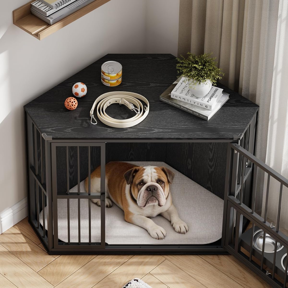 Corner Dog Crate Furniture for Small Dogs, Indoor Kennel End Table, Black