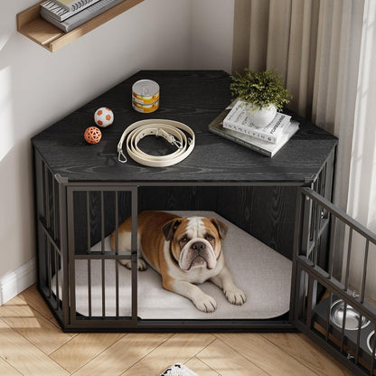 Corner Dog Crate Furniture for Small Dogs, Indoor Kennel End Table, Black