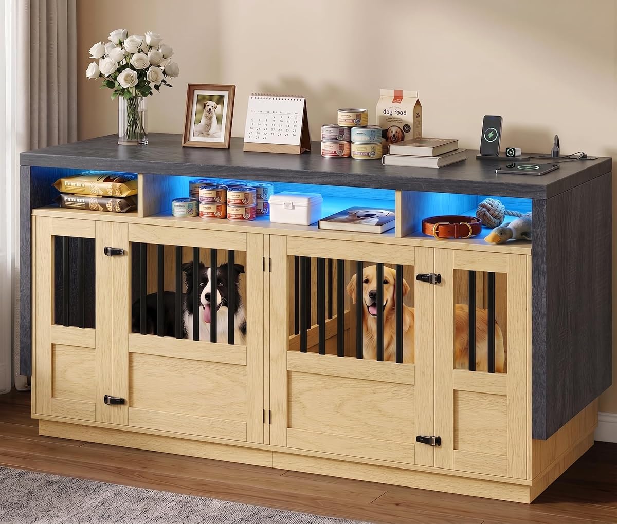 Furniture Dog Crate, 71" Double Dog Crate Furniture Natural & Grey