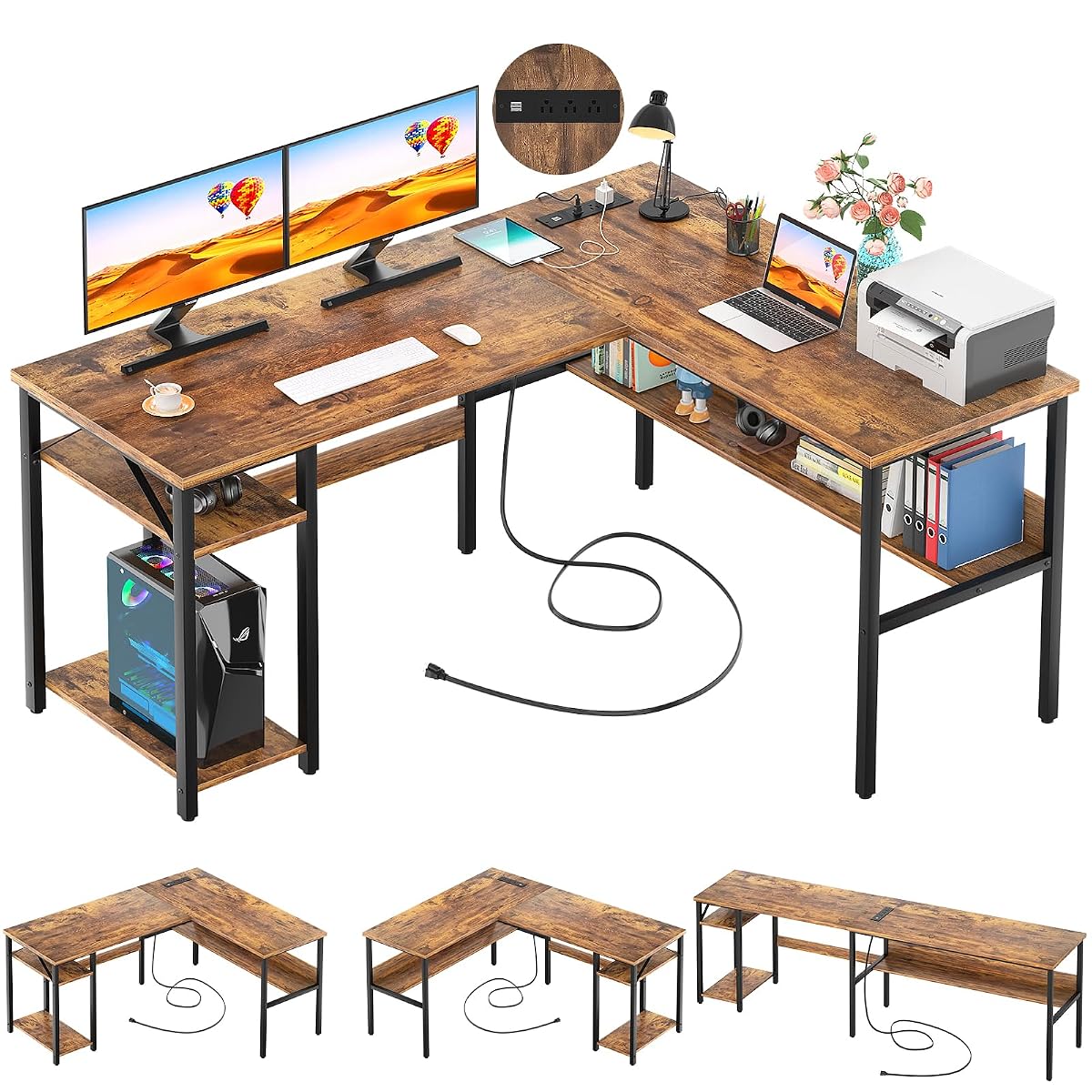 L Shaped Computer Desk with Magic Power Outlets and USB Charging Port