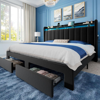 King Size Bed Frame with 2-Tier Storage Headboard & 2 Large Drawers