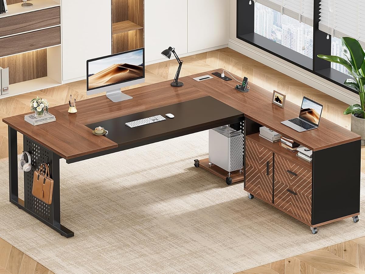 71" Executive Desk with Rolling File Cabinet, Large Office Desk with Drawers