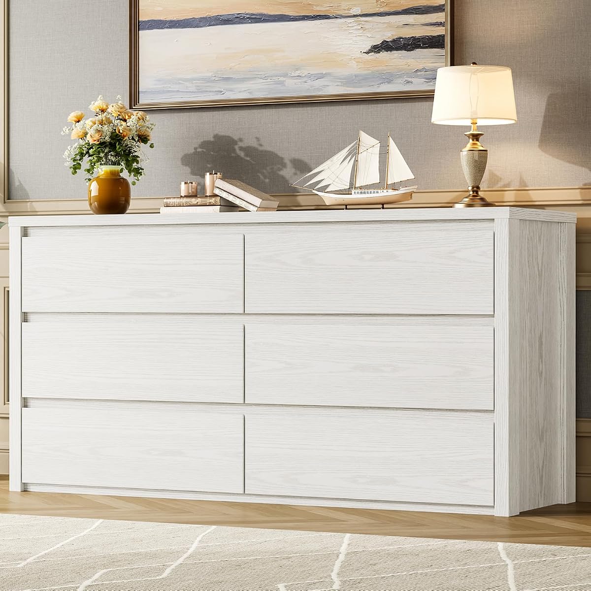 6 Drawer Dresser for Bedroom, Wood Chest of Drawers Handle Free