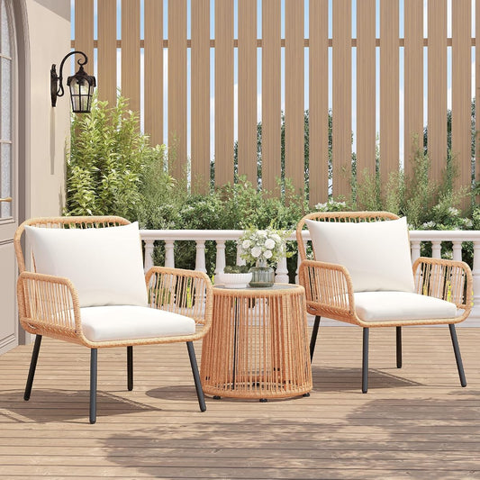 3 Pieces Patio Bistro Sets, Wicker Rattan Furniture Set | Round Glass Table, Outdoor, Balcony, Porch, Lawn, Garden, Backyard