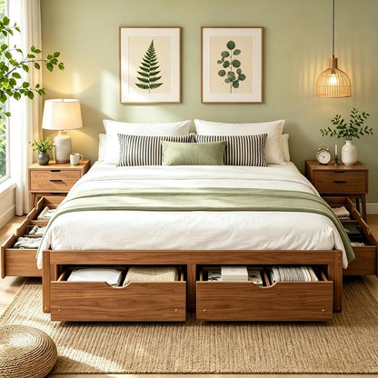 King Size Platform Bed with 6 Storage Drawers, Solid Pine Wood Storage Bed Frame