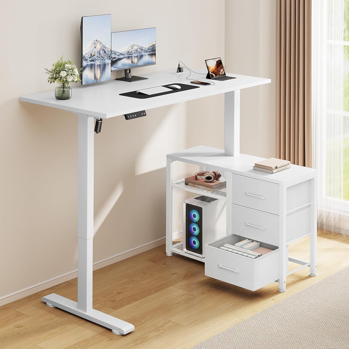 47 Inch L Shaped Desk with 3 Drawers Electric Standing Desks with Storage