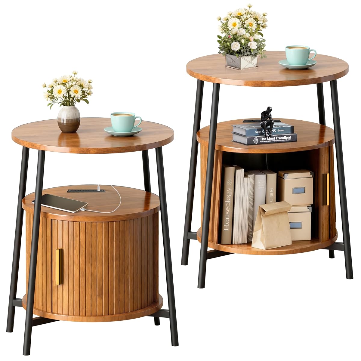 Round End Tables Set of 2 & Charging Station, Fluted Accent Side Table with Sliding Door, Mid-Century Modern Nightstand set of 2 for Small Space Storage, Living Room, Bedroom,Sofa Couch(2, Yellow)