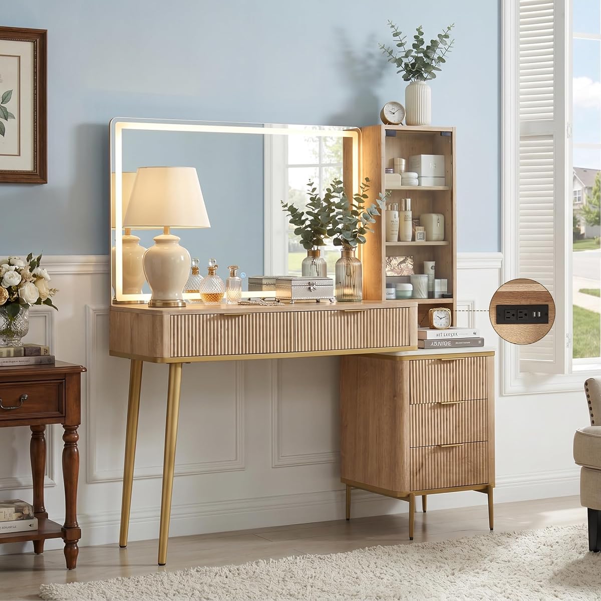 48" Fluted Makeup Vanity Desk with 36" HD Lighted Mirror
