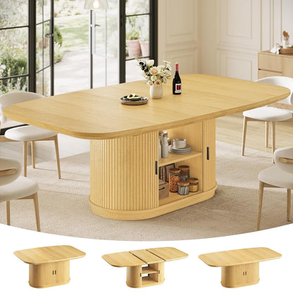 47.2"-63" Extendable Dining Table with Storage Cabinet, Fluted Wood Kitchen Table Seats 4-8, Modern Farmhouse Expandable Dining Room Table for Small Space, Apartment, Home Dining, Oak