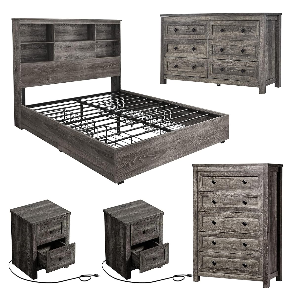 5-Piece Farmhouse Bedroom Set, 1 X Queen Size Bed Frame, 1 X 5 Drawer Dresser, 1 X Wood Rustic 6 Drawer Storage Dresser, Nightstand Set of 2 with Charging Station, Bedroom Furniture Set, Grey