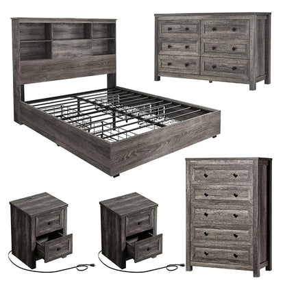 5-Piece Farmhouse Bedroom Set, 1 X Queen Size Bed Frame, 1 X 5 Drawer Dresser, 1 X Wood Rustic 6 Drawer Storage Dresser, Nightstand Set of 2 with Charging Station, Bedroom Furniture Set, Grey
