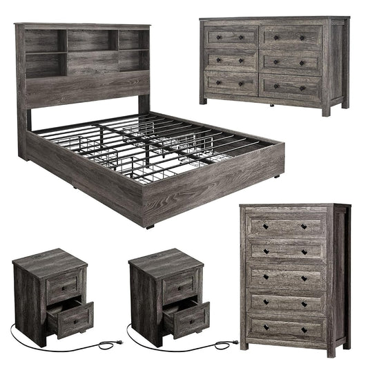 5-Piece Farmhouse Bedroom Set, 1 X Queen Size Bed Frame, 1 X 5 Drawer Dresser
